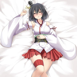 Rule 34 | 1girl, bed sheet, black hair, blanket, blush, breasts, collarbone, detached sleeves, from above, graphite (medium), hair between eyes, hair ornament, headgear, highres, japanese clothes, kantai collection, kimono, looking at viewer, lying, mechanical pencil, medium breasts, no shoes, nontraditional miko, obi, open mouth, pencil, rappa (rappaya), red eyes, red skirt, sash, short hair, skirt, solo, traditional media, white kimono, wide sleeves, yamashiro (kancolle)