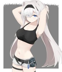 Rule 34 | 1girl, absurdres, animal ears, arknights, armpits, arms behind head, arms up, aurora (arknights), bare arms, bare shoulders, bear ears, belt, black belt, blue eyes, border, breasts, collarbone, commentary, cowboy shot, eyes visible through hair, grey background, grey shorts, hair over one eye, highres, large breasts, long hair, looking at viewer, midriff, navel, neko (solution1988), outside border, pouch, short shorts, shorts, silver hair, simple background, smile, solo, sports bra, standing, stomach, thigh strap, very long hair, white border