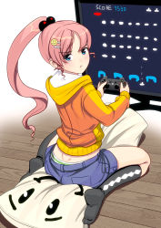 Rule 34 | 1girl, argyle, argyle clothes, argyle legwear, black socks, blue eyes, blush, controller, dimples of venus, dualshock, game controller, gamepad, hair bobbles, hair ornament, hairclip, hood, hoodie, kneehighs, kouno (masao), looking at viewer, looking back, no shoes, open mouth, original, panties, pillow, pink hair, playing games, playstation controller, ponytail, shorts, sitting, smiley, smiley face, socks, solo, space invaders, striped clothes, striped panties, television, underwear, wariza