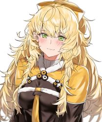 Rule 34 | 1girl, aogisa, bad id, bad twitter id, blonde hair, blush, breasts, closed mouth, fluffy, girls&#039; frontline, green eyes, hair between eyes, hair ornament, hair ribbon, head tilt, highres, long hair, long sleeves, looking at viewer, medium breasts, necktie, official alternate costume, ribbon, s.a.t.8 (girls&#039; frontline), s.a.t.8 (wintersweet) (girls&#039; frontline), simple background, smile, solo, white background, yellow necktie