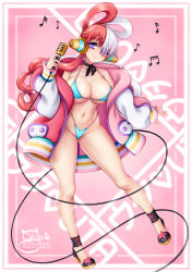 Rule 34 | 1girl, bikini, black footwear, blue bikini, border, breasts, closed mouth, collarbone, full body, hair over one eye, headphones, high heels, highres, jacket, large breasts, long hair, long sleeves, looking at viewer, microphone, multicolored hair, musical note, navel, one piece, one piece film: red, pink background, purple eyes, red hair, sevie, shiny skin, smile, solo, standing, swimsuit, twintails, two-tone hair, uta (one piece), white border, white hair