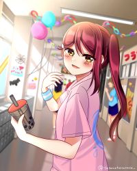 Rule 34 | 1girl, alternate hairstyle, artist name, artist request, balloon, blue wristband, blush, breasts, brown eyes, collared shirt, female focus, hair between eyes, hair ornament, hairclip, hallway, high ponytail, highres, indoors, long hair, looking at viewer, love live!, love live! sunshine!!, nail, nail polish, parted lips, pink nails, pink nails, pink shirt, ponytail, red hair, sakurauchi riko, shirt, short sleeves, small breasts, smile, solo, upper body, window, wristband, yellow eyes