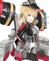 Rule 34 | 10s, 1girl, blonde hair, blue eyes, gloves, hat, kantai collection, long hair, machinery, open mouth, peaked cap, prinz eugen (kancolle), smile, solo, turret, twintails, uniform, yukihiko (tyabobo)
