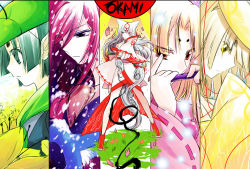 Rule 34 | 1girl, 3boys, amaterasu (ookami), androgynous, animal ears, blonde hair, blunt bangs, colorful, copyright name, expressionless, flute, green hair, instrument, issun, japanese clothes, kaze-hime, kaze hime (artist), kimono, lineup, looking at viewer, looking away, multiple boys, ookami (game), personification, petals, pink hair, pointing, profile, serious, tail, ushiwakamaru (ookami), white hair, wide sleeves, wolf ears, wolf tail