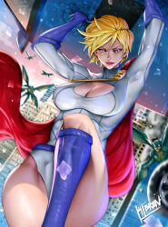 Rule 34 | 1girl, absurdres, blonde hair, blue footwear, blue gloves, boots, breasts, building, cape, car, city, cleavage, cleavage cutout, clothing cutout, dc comics, flying, gloves, hibren, highres, knee boots, large breasts, lifting vehicle, motor vehicle, multiple others, power girl, red cape, sky, solo focus, superhero costume