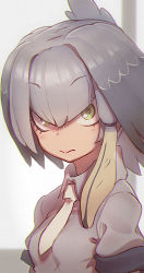 Rule 34 | 1g no izumi, bird girl, bird wings, blonde hair, blush, close-up, collared shirt, commentary request, green eyes, grey hair, grey shirt, hair tie, head wings, kemono friends, looking at viewer, multicolored hair, necktie, shirt, shoebill (kemono friends), short hair, short sleeves, upper body, white neckwear, wings