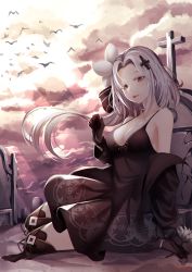 Rule 34 | 1girl, aug (girls&#039; frontline), bird, black dress, black footwear, black gloves, boots, bow, breasts, cleavage, cross, dress, flower, girls&#039; frontline, gloves, graveyard, grey hair, hair bow, hair flower, hair ornament, hair ribbon, highres, lips, long hair, looking at viewer, medium breasts, prothymos, ribbon, sitting, sitting on lap, sitting on person, solo, sunset, yellow eyes