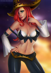 Rule 34 | 1girl, adjusting hair, aqua eyes, bare shoulders, breasts, cleavage, detached sleeves, essentialsquid, freckles, hand on own hip, hat, large breasts, league of legends, lipstick, long hair, makeup, midriff, pants, pirate hat, red hair, red lips, miss fortune (league of legends), solo, tight clothes, tight pants