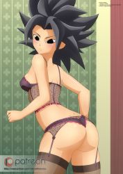 Rule 34 | 10s, 1girl, ass, black eyes, black hair, black panties, black thighhighs, blush, bow, bow panties, bra, breasts, caulifla, cleavage, derivative work, dragon ball, dragon ball super, fishnets, garter belt, highres, hip focus, lace, lingerie, looking at viewer, panties, smile, solo, spiked hair, thighhighs, thong, underwear, underwear only, zel-sama