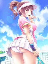 Rule 34 | 1girl, :d, ass, blue sky, breasts, brown eyes, brown hair, cloud, commentary request, covered erect nipples, day, hair ornament, hair scrunchie, hanazono aoi, hat, highres, holding, layered shirt, looking at viewer, looking to the side, medium breasts, multicolored clothes, open mouth, original, outdoors, panties, pink shirt, pleated skirt, racket, scrunchie, shirt, short hair, short sleeves, sidelocks, skirt, sky, smile, solo, sportswear, sweat, sweatband, teeth, tennis net, tennis racket, tennis uniform, thighs, tree, underwear, upper teeth only, v-mag, visor cap, white hat, white panties, white skirt, wiping face, wiping sweat, yellow shirt