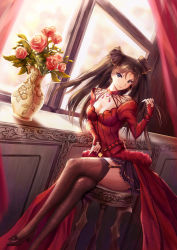Rule 34 | 1girl, bare shoulders, black thighhighs, blue eyes, breasts, brown hair, chair, cleavage, dress, earrings, fate/grand order, fate/stay night, fate (series), female focus, flower, garter straps, high heels, highres, jewelry, long hair, looking at viewer, medium breasts, no bra, red dress, rose, sitting, solo, thighhighs, tohsaka rin, tohsaka rin (formalcraft), two side up, vase, yuzuriha (atelier liang)