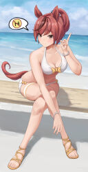 Rule 34 | 1girl, absurdres, animal ears, beach, bikini, blue sky, breasts, brown eyes, brown hair, chinese commentary, cleavage, cloud, commentary, day, highres, horizon, horse ears, horse girl, horse tail, index finger raised, medium breasts, medium hair, nice nature (umamusume), no symbol, ocean, outdoors, ponytail, sitting, sky, solo, speech bubble, swimsuit, tail, toeless footwear, umamusume, white bikini, wutou qishi bamamei