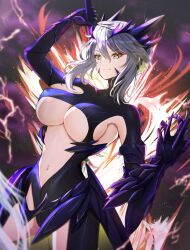 Rule 34 | &gt;:), 1girl, artoria pendragon (fate), artoria pendragon (lancer alter) (fate), black bodysuit, bodysuit, breasts, cleavage, commission, fate/grand order, fate (series), gao kawa, grey hair, hair between eyes, large breasts, looking at viewer, navel, pixiv commission, rhongomyniad (fate), short hair with long locks, sideboob, sidelocks, solo, underboob, v-shaped eyebrows, yellow eyes