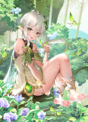Rule 34 | 1girl, absurdres, barefoot, feet, forest, genshin impact, green eyes, highres, long hair, looking at viewer, nahida (genshin impact), nature, open mouth, pointy ears, side ponytail, silver hair, soles, stirrup legwear, toeless legwear, toes