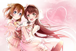 Rule 34 | 10s, 2girls, :d, bad id, bad pixiv id, blue eyes, bow, brown eyes, brown hair, dress, fingerless gloves, gloves, hair bow, hand on another&#039;s shoulder, highres, kosaka honoka, love live!, love live! school idol project, microphone, minami kotori, multiple girls, open mouth, outstretched arm, outstretched hand, sanka!, smile, white gloves