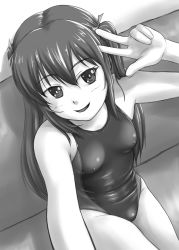 Rule 34 | 1girl, competition swimsuit, couch, greyscale, long hair, monochrome, one-piece swimsuit, original, reaching, reaching towards viewer, selfie, sitting, solo, swimsuit, tk4, twintails, v over eye