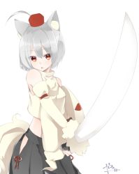 Rule 34 | 1girl, abe suke, ahoge, animal ears, black skirt, bridal gauntlets, brown eyes, cowboy shot, detached sleeves, grey hair, hat, highres, hip vent, holding, holding sword, holding weapon, inubashiri momiji, looking at viewer, midriff, open mouth, pom pom (clothes), short hair, signature, simple background, skirt, solo, sword, tail, tokin hat, touhou, weapon, white background, wolf ears, wolf tail