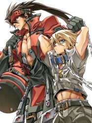 Rule 34 | 2boys, abs, arc system works, bag, blonde hair, blue eyes, brown hair, collar, dong hole, duffel bag, eyepatch, gloves, guilty gear, guilty gear 2, headband, highres, jacket, long hair, multiple boys, navel, open clothes, open jacket, ponytail, red eyes, simple background, sin kiske, sol badguy, white background