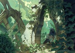 Rule 34 | animal, artist name, bird, black cloak, blue eyes, cloak, commentary, day, foliage, forest, from side, highres, ivy, leaf, mouse, murayama ryota, nature, no humans, original, outdoors, overgrown, roots, ruins, scenery, signature