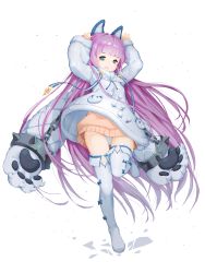 Rule 34 | 1girl, animal ears, arms up, azur lane, bear paws, beige sweater, blue eyes, bluesnail, blunt bangs, boots, chain, coat, fake animal ears, full body, fur-trimmed coat, fur trim, highres, long hair, looking at viewer, open mouth, overcoat, panties, pantyshot, pom pom (clothes), purple hair, sidelocks, simple background, sleeves past wrists, smile, solo, standing, standing on one leg, tashkent (azur lane), thigh boots, thighhighs, underwear, very long hair, very long sleeves, white background, white coat, white footwear, white panties