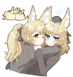 Rule 34 | &gt;w&lt;, 2girls, ;o, animal ears, animalization, arknights, aunt and niece, black bow, black headwear, black sweater, blemishine (arknights), blonde hair, blue eyes, bow, cropped torso, dog-san, extra ears, flying sweatdrops, grey sweater, hair bow, hat, horse ears, horse girl, hug, incest, long hair, long sleeves, multiple girls, one eye closed, ponytail, sketch, sweater, thick eyebrows, upper body, wavy mouth, whislash (arknights), yellow eyes, yuri