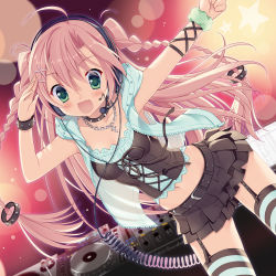 Rule 34 | 1girl, :d, ahoge, bad id, bad pixiv id, black skirt, braid, corset, cowboy shot, dj, fang, frilled skirt, frills, garter straps, green eyes, hair between eyes, hair ornament, hairclip, headset, jewelry, long hair, looking at viewer, microskirt, musical note, navel, necklace, open mouth, original, pink hair, pleated skirt, quaver, sacraneco, skin fang, skirt, smile, solo, striped clothes, striped thighhighs, thighhighs, twin braids, twintails