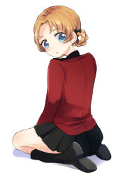 Rule 34 | 10s, 1girl, :o, back, black footwear, black skirt, blue eyes, boots, braid, commentary, epaulettes, from behind, full body, girls und panzer, highres, jacket, long sleeves, looking at viewer, looking back, military, military uniform, miniskirt, orange hair, orange pekoe (girls und panzer), parted lips, pleated skirt, red jacket, seiza, short hair, simple background, sitting, skirt, solo, st. gloriana&#039;s military uniform, twin braids, uniform, white background, zarameru (tsukumo)
