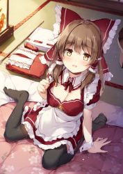 Rule 34 | 1girl, :d, alternate costume, apron, arm support, black thighhighs, blush, bow, breasts, brown eyes, brown hair, cleavage, commentary request, dress, enmaided, feet, futon, hair bow, hair tubes, hakurei reimu, indoors, long hair, looking at viewer, maid, maid apron, medium breasts, miyase mahiro, neck ribbon, no shoes, open mouth, petticoat, puffy short sleeves, puffy sleeves, red bow, red dress, red ribbon, ribbon, short dress, short sleeves, sidelocks, sitting, smile, solo, tatami, thighhighs, touhou, waist apron, wariza, white apron, wrist cuffs
