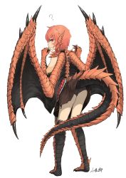 Rule 34 | 1girl, ?, animal ears, ass, barefoot, black panties, blush, brown skirt, claws, clothes lift, commentary request, dragon girl, dragon tail, dragon wings, full body, highres, hitokuirou, lifted by self, lifted by tail, looking at viewer, looking back, monster girl, orange hair, original, pale skin, panties, pleated skirt, red eyes, scales, short hair, signature, simple background, skirt, skirt lift, solo, solo vivace (hitokuirou), standing, tail, underwear, white background, wings