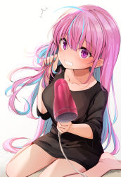 Rule 34 | 1girl, ^^^, ahoge, alternate costume, blue nails, blush, breasts, casual, fingernails, hair down, hair dryer, hand in own hair, highres, hololive, long hair, looking at viewer, medium breasts, minato aqua, multicolored hair, nail polish, naked shirt, open mouth, pink hair, purple eyes, shirt, sitting, solo, streaked hair, summer tail720, two-tone hair, very long hair, virtual youtuber, wariza, wavy mouth, white background