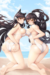 Rule 34 | 2girls, animal ears, ass, ass grab, atago (azur lane), atago (summer march) (azur lane), atago (summer march) (azur lane), azur lane, bare arms, bare legs, bare shoulders, barefoot, beach, bikini, blue sky, blush, bow, breasts, brown eyes, brown hair, butt crack, choker, cloud, cloudy sky, commentary request, crossed ankles, day, flower, hair bow, hair flower, hair ornament, hands on own ass, high ponytail, highres, kneeling, koflif, large breasts, long hair, looking at viewer, looking back, mole, mole under eye, multiple girls, nose blush, one-piece swimsuit, outdoors, ponytail, sand, sky, soles, swimsuit, takao (azur lane), takao (beach rhapsody) (azur lane), very long hair, wet, wet hair, white bikini, white bow, white flower, white one-piece swimsuit
