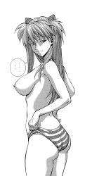 Rule 34 | ..., 1girl, :3, breasts, greyscale, hairpods, highres, interface headset, large breasts, long hair, looking at viewer, looking to the side, monochrome, naughty face, neon genesis evangelion, nipples, panties, shiosaba, simple background, smile, solo, souryuu asuka langley, standing, striped clothes, striped panties, thighs, topless, twintails, two side up, underwear