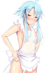 Rule 34 | 1girl, apron, apron lift, blue hair, blush, breasts, clothes lift, cowboy shot, daiaru, embarrassed, frown, lifted by self, looking at viewer, naked apron, neptune (series), power symbol, power symbol-shaped pupils, red eyes, short hair with long locks, sideboob, simple background, small breasts, solo, symbol-shaped pupils, white apron, white background, white heart (neptunia)