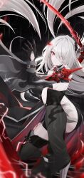 Rule 34 | 1girl, acheron (honkai: star rail), armor, black background, black coat, black gloves, coat, commentary, gloves, hair over one eye, highres, holding, holding sword, holding weapon, honkai: star rail, honkai (series), katana, long hair, looking at viewer, official alternate color, red eyes, shoulder armor, solo, suzu (user kdex8732), sword, thighs, very long hair, weapon, white hair