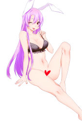 Rule 34 | 1girl, ;p, absurdres, animal ears, bare arms, bare shoulders, black bra, bottomless, bra, breasts, rabbit ears, censored, cleavage, heart, heart censor, highres, knee up, long hair, looking at viewer, medium breasts, navel, one eye closed, purple hair, red eyes, reisen udongein inaba, simple background, sitting, solo, tongue, tongue out, touhou, underwear, white background, yukina (masyumaro610)