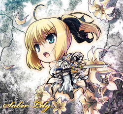 Rule 34 | 1girl, ahoge, armor, armored dress, artoria pendragon (fate), blonde hair, capcom, chibi, detached sleeves, dress, fate/stay night, fate/unlimited codes, fate (series), flower, gauntlets, green eyes, ponytail, saber (fate), saber lily, solo, sword, weapon, yone