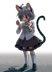 Rule 34 | 1girl, absurdres, ahoge, animal ear fluff, animal ears, black footwear, bottle, collared shirt, commentary request, full body, grey hair, grey skirt, highres, kusiyan, mouse ears, mouse girl, mouse tail, nazrin, open mouth, red eyes, see-through, see-through shirt, shirt, short hair, skirt, socks, solo, standing, tail, touhou, water bottle, wet, wet clothes, wet shirt, white background, white shirt, white socks