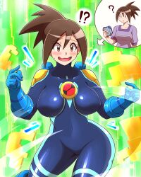 Rule 34 | !?, 1girl, ?, before and after, blue bodysuit, blush, bodysuit, breasts, brown eyes, brown hair, cosplay, covered navel, crossover, curvy, embarrassed, gloves, green background, highres, hope stelar (mega man), large breasts, long hair, looking at viewer, mature female, mega man (series), mega man battle network, mega man star force, megaman.exe (cosplay), nervous smile, netnavi, nobuyu (77yusei), ponytail, shiny clothes, shiny skin, skin tight, smile, solo, surprised, transformation, wavy mouth