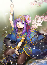 Rule 34 | 1girl, blue dress, bracelet, breasts, brown pantyhose, cherry blossoms, circlet, dress, earrings, fate/grand order, fate (series), highres, indian clothes, jewelry, kneeling, large breasts, long hair, looking at viewer, matou sakura, necklace, pantyhose, parvati (fate), pendant, polearm, purple eyes, purple hair, short sleeves, sidelocks, smile, solo, takenoko seijin, thighs, water, weapon
