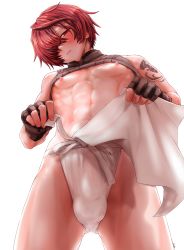 Rule 34 | 1boy, abs, arm tattoo, backlighting, bare pectorals, black gloves, blush, bulge, clothes lift, cowboy shot, fate/grand order, fate (series), fingerless gloves, fundoshi, fuuma kotarou (fate), gloves, gluteal fold, hair over one eye, half-closed eye, head tilt, highres, japanese clothes, kamenakake, looking at viewer, male focus, navel, nipples, parted bangs, pectorals, red eyes, red hair, shirt, shirt lift, signature, simple background, sleeveless, sleeveless shirt, solo, standing, tattoo, untying