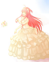 Rule 34 | 10s, 1girl, amewarashi-1, angel beats!, bad id, bad pixiv id, bell line gown, bouquet, dress, closed eyes, fang, flower, gown, long hair, pink hair, solo, throwing, twintails, two side up, wedding dress, yui (angel beats!)