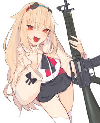 Rule 34 | 1girl, assault rifle, beijuu, black shorts, cat hair ornament, commentary, girls&#039; frontline, gun, hair ornament, headband, holding, holding gun, holding weapon, hood, hood down, light brown hair, long hair, looking at viewer, open mouth, orange eyes, rifle, shirt, shorts, sidelocks, simple background, solo, sweater, t65 (girls&#039; frontline), t65 assault rifle, weapon, white background, white legwear, white shirt