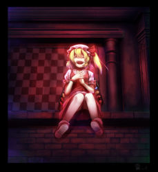 Rule 34 | 1girl, ^ ^, black border, blonde hair, border, checkered wall, closed eyes, commentary request, crystal, flandre scarlet, frilled shirt collar, frilled sleeves, frills, full body, hair between eyes, hat, hat ribbon, highres, interlocked fingers, laughing, mob cap, nekonekosan (kemushima3), one side up, open mouth, own hands together, puffy short sleeves, puffy sleeves, red footwear, red ribbon, red skirt, red vest, ribbon, shirt, shoes, short hair, short sleeves, sitting, skirt, smile, socks, solo, touhou, vest, white shirt, white socks, wings