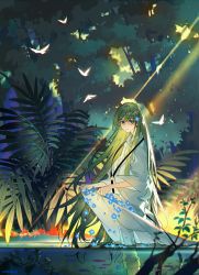 Rule 34 | 1other, androgynous, enkidu (fate), fate/grand order, fate/strange fake, fate (series), flower, green eyes, green hair, instocklee, light green hair, long hair, long sleeves, looking at viewer, outdoors, robe, solo, standing, toga, tree, wading, water, white robe