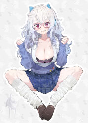 Rule 34 | 1girl, absurdres, animal ear headphones, animal ears, animal print, badge, black bra, black footwear, blue jacket, blue skirt, blush, bra, breasts, button badge, cleavage, clenched hands, dog print, fake animal ears, full body, glasses, grey hair, grin, headphones, highres, indie virtual youtuber, invisible chair, jacket, loafers, long hair, looking at viewer, loose socks, makenai otona, medium breasts, off shoulder, open mouth, outline, pink eyes, shirt, shoes, sitting, sketch, skirt, sleeves past wrists, smile, socks, solo, spread legs, star-shaped pupils, star (symbol), symbol-shaped pupils, underwear, virtual youtuber, white outline, white shirt, yanyo (ogino atsuki)
