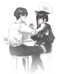 Rule 34 | 1boy, 1girl, absurdres, animal ears, blue archive, blush, cake, cake slice, cat ears, commentary request, cup, eating, eshineko, extra ears, food, food on face, halo, hetero, highres, kazusa (blue archive), long sleeves, looking at another, monochrome, one eye closed, pantyhose, sensei (blue archive), short hair, simple background, sitting, sketch, spot color
