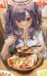Rule 34 | 1girl, black halo, blue archive, blue eyes, blue hair, blue necktie, blush, bowl, char-siu, chopsticks, collared shirt, desk, eating, egg (food), food, food in mouth, hair intakes, hair ornament, halo, highres, holding, holding chopsticks, holding spoon, indoors, kamaboko, leni (1 en), long sleeves, looking down, narutomaki, necktie, noodles, nori (seaweed), parted bangs, plate, ramen, shirt, sleeves rolled up, softboiled egg, spoon, two side up, white shirt, yuuka (blue archive)
