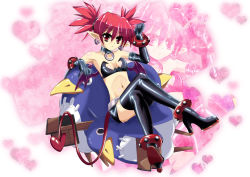 Rule 34 | 1girl, anklet, arm up, bare shoulders, bat wings, black gloves, black skirt, boots, bracelet, breasts, crossed legs, demon girl, demon tail, disgaea, earrings, elbow gloves, etna (disgaea), gloves, high heel boots, high heels, igorman, jewelry, midriff, miniskirt, navel, pointy ears, prinny, red hair, shiny clothes, sitting, skirt, solo, strapless, tail, thigh boots, thighhighs, twintails, wings
