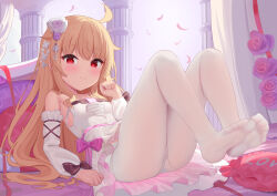Rule 34 | 1girl, ahoge, bare shoulders, blonde hair, blush, bow, breasts, chinese commentary, closed mouth, commentary request, copyright notice, detached sleeves, dress, feet, flower, foot focus, hair flower, hair ornament, highres, little witch nobeta, long hair, looking at viewer, lying, no shoes, nobeta, official art, panties, pantyhose, pillar, pink bow, purple flower, purple rose, red eyes, rose, sidelocks, small breasts, smile, soles, solo, thighs, toes, underwear, very long hair, white dress, white panties, white pantyhose, white sleeves