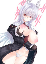 Rule 34 | 1girl, animal ears, between breasts, breast hold, breasts, deep skin, glasses, gloves, grabbing, grabbing another&#039;s breast, head wings, heidimarie w. schnaufer, highres, hirschgeweih antennas, huge breasts, large areolae, long hair, military, military uniform, miwa yoshikazu, navel, necktie, nipples, off shoulder, open clothes, open shirt, panties, puffy nipples, red eyes, shirt, solo, strike witches, thighhighs, underwear, uniform, white hair, wings, world witches series